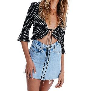 Tie front polka dot ruffle top